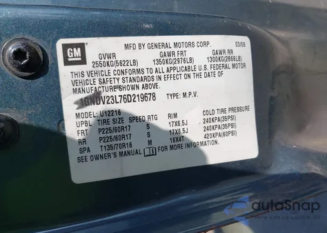 2006 Chevrolet Uplander Ls z USA, uszkodzony, nr VIN 1GNDV23L76D219678